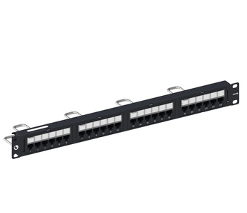 Коммутационная панель 24хRJ45 Cat.5e, тип кабеля:22/24AWG solid/stranded U/UTP, с кабельной поддержкой, высота: 1RU, цвет: чёрный