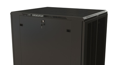 Hyperline TTR-3288-DD-RAL9005 Шкаф напольный 19-дюймовый, 32U, 1610x800х800 мм (ВхШхГ), передняя и задняя распашные перфорированные двери (75%), ручка с замком, 2 вертикальных кабельных органайзера, цвет черный (RAL 9005) (разобранный)