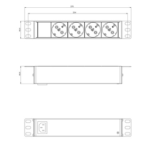 Hyperline SHE10-4SH-IEC Блок розеток для 10" шкафов, горизонтальный, 4 розетки Schuko, без кабеля питания, входной разъем IEC320 C14 10A, 250В, 254х44.4х44.4мм (ДхШхВ), корпус алюминий, черный