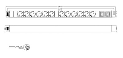 Hyperline SHT-12SH-2IEC-2.5EU Блок розеток, вертикальный, 12 розеток Schuko, 2 розетки IEC320 C13, кабель питания 2.5м (3х1.5мм2) с вилкой Schuko 16A, 250В, 750x44.4x44.4мм (ДхШхВ), корпус алюминий