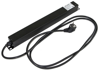 Hyperline SHE19-7SH-AV-2.5EU Блок розеток для 19" шкафов, горизонтальный, 7 розеток Schuko, амперметр/вольтметр, кабель питания 2.5м (3х1.5мм2) с вилкой Schuko 16A, 250В, 482.6x44.4x44.4мм (ШхГхВ), корпус алюминий, черный