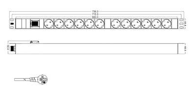 Hyperline SHT-12SH-S-2.5EU Блок розеток, вертикальный, 12 розеток Schuko, выключатель с подсветкой, кабель питания 2.5м (3х1.5мм2) с вилкой Schuko 16A, 250В, 700x44.4x44.4 мм (ДхШхВ), копрус алюминий