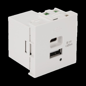 Модуль USB-зарядки, 1 порт USB-C + 1 порт USB-A, 4.2A/5V, 45x45, цвет: белый