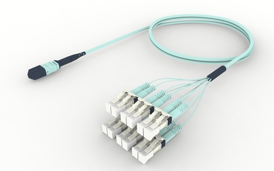Разветвительный кабель (гидра) MPOptimate® OM4 MPO12(f)/6xLC Duplex, UltraLowLoss, изоляция: LSZH, Полярность: метод А, t=-10-+60 град., цвет: бирюзовый