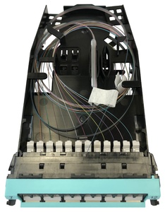 Кассета G2 OM4 12хLC Duplex с держателем сплайсов, с ленточными (ribbon) пигтейлами, шторки: да, цвет: бирюзовый