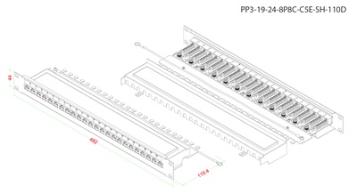 Hyperline PP3-19-24-8P8C-C5E-SH-110D Коммутационная панель 19", 1U, 24 порта RJ45 полн. экран., Cat.5e, Dual IDC, ROHS, цвет черный