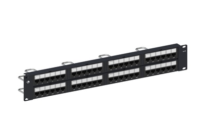 Коммутационная панель 48хRJ45 Cat.6, тип кабеля:22/24AWG solid/stranded U/UTP, с кабельной поддержкой, высота: 2RU цвет: чёрный