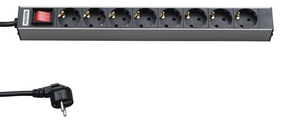Hyperline SHT19-8SH-S-2.5EU Блок розеток для 19" шкафов, горизонтальный, 8 розеток Schuko, выключатель с подсветкой, кабель питания 2.5м (3х1.5мм2) с вилкой Schuko 16A, 250В, 482.6x44.4x44.4мм (ШхГхВ), корпус алюминий