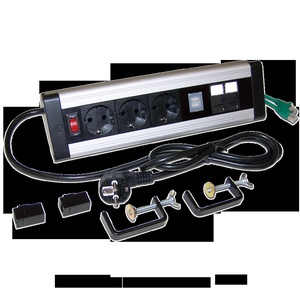 Блок розеток настольный, 1-фазный с выключателем, 16A / 250V, 3xSchuko + 2 USB + 2 порта RJ-45 кат.6, шнур 2.0м, вилка Schuko