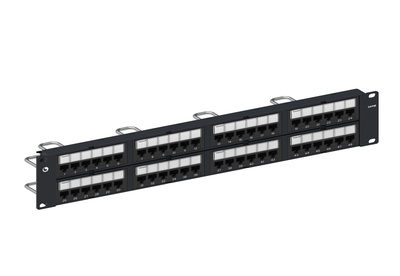 Коммутационная панель 48хRJ45 Cat.5e, тип кабеля:22/24AWG solid/stranded U/UTP, с кабельной поддержкой, высота: 2RU цвет: чёрный
