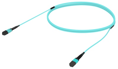 Претерминированный кабель MPOptimate® ULL OM4 MPO12(m)/MPO12(m), UltraLowLoss, изоляция: Plenum, Полярность: метод А, t=-10-+60 град., цвет: бирюзовый, Длина м.: 15