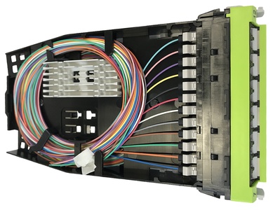 Кассета G2 OM5, LazrSPEED® wideband 12хLC Duplex с держателем сплайсов, с пигтейлами, цвет: lime