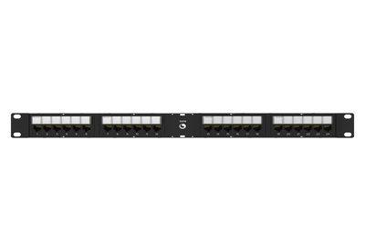 Угловая коммутационная панель 24хRJ45 Cat.6, тип кабеля:22/24AWG solid/stranded U/UTP, с кабельной поддержкой, высота: 1RU цвет: чёрный